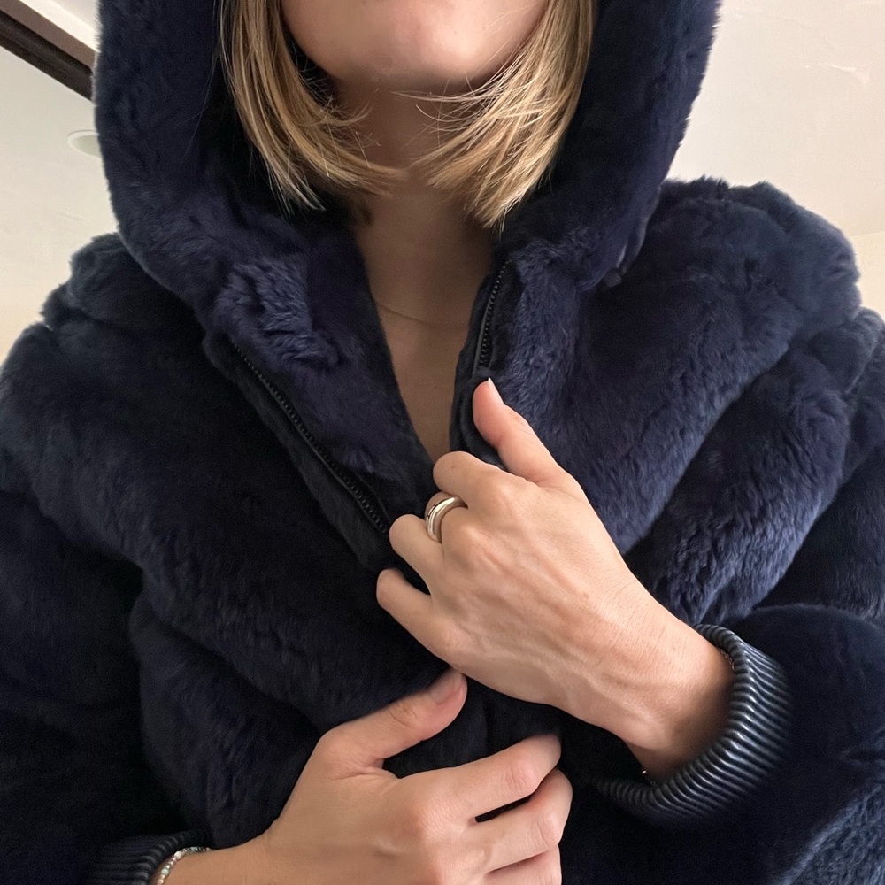 Navy Rabbit Fur Bomber Jacket - Picture 3 of 7